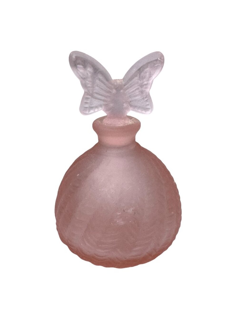 Frosted Pink Glass Empty Perfume Bottle Lily of The Valley Butterfly Stopper 4"